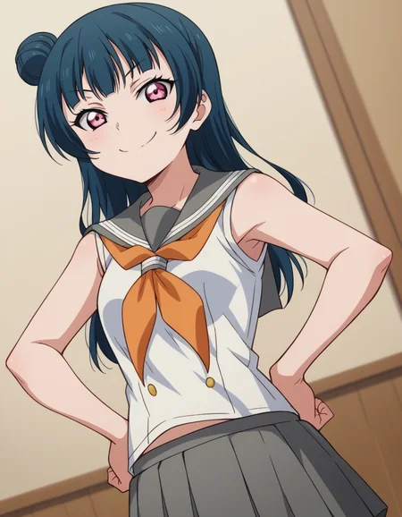 score_9, score_8_up, score_7_up, source_anime, <lora:yoshiko-tsushima-s2-ponyxl-lora-nochekaiser:1>, yoshiko tsushima, long hair, bangs, blue hair, pink eyes, hair bun, single hair bun, single side bun,, shirt, school uniform, white shirt, serafuku, neckerchief, uranohoshi school uniform, orange neckerchief, sleeveless, skirt, pleated skirt, grey skirt,, indoors, smug, smile, looking at viewer, solo, hands on hips,, cowboy shot, dutch angle