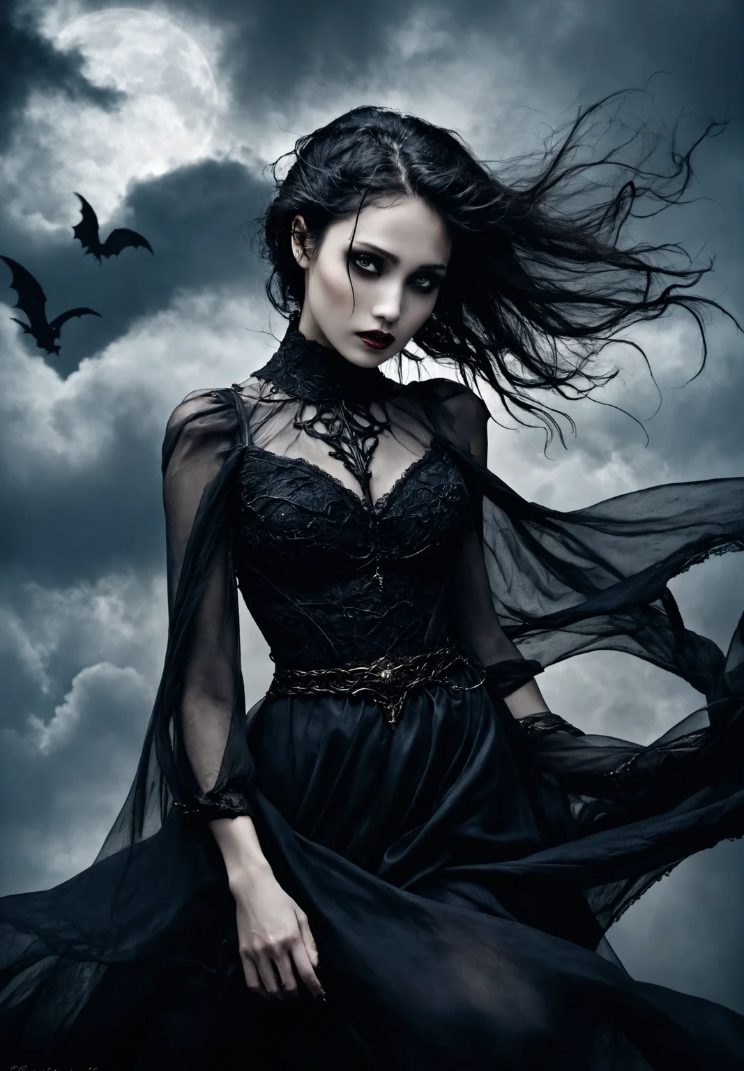 Gothic art, dark tones, intricate details, dramatic lighting, high contrast, medieval influence, mysterious, curvy, narrow waist, wide hips, atmospheric, moody, haunting beauty, sharp shadows, textured, ethereal woman floating in the clouds, with her mouth slightly open, evil smile, revealing her vampiric nature, and her sharp fang, bright eyes, hand in own hair, fog, bare tree, expressive face, flowing dress, dynamic pose
SelestXL3