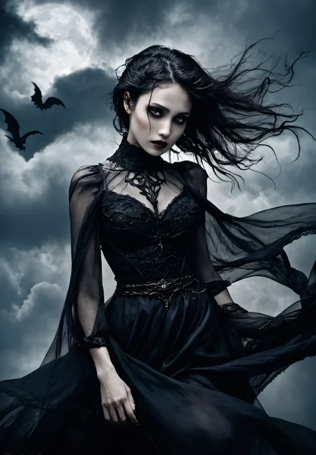 Gothic art, dark tones, intricate details, dramatic lighting, high contrast, medieval influence, mysterious, curvy, narrow waist, wide hips, atmospheric, moody, haunting beauty, sharp shadows, textured, ethereal woman floating in the clouds, with her mouth slightly open, evil smile, revealing her vampiric nature, and her sharp fang, bright eyes, hand in own hair, fog, bare tree, expressive face, flowing dress, dynamic pose
SelestXL3