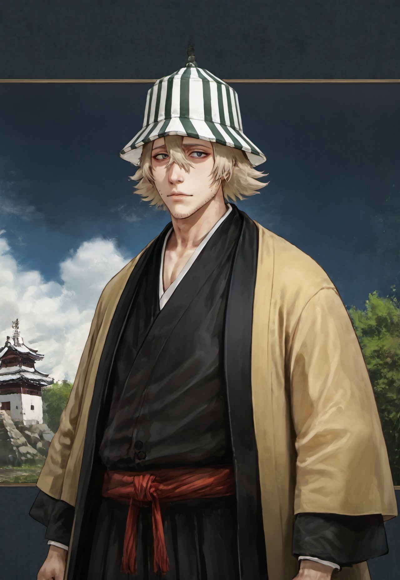 safe_pos, score_9, score_8_up, score_7_up, source_anime, rating_nsfw, ultra hd, absurdres, solo, masterpiece, best quality, best aesthetic, Expressiveh, 1boy

BleachUrahara, hat, blonde hair, stubble, unseen eyes, japanese clothes, LuxHistoricalPortrait