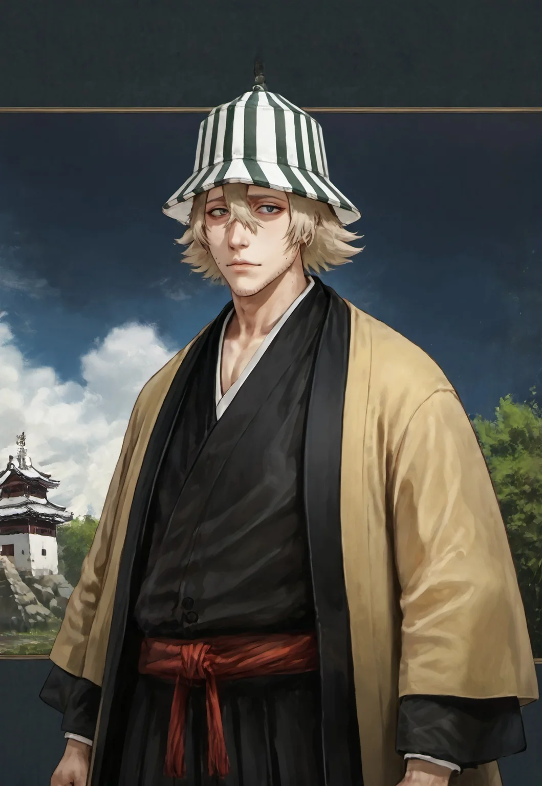 safe_pos, score_9, score_8_up, score_7_up, source_anime, rating_nsfw, ultra hd, absurdres, solo, masterpiece, best quality, best aesthetic, Expressiveh, 1boy
BleachUrahara, hat, blonde hair, stubble, unseen eyes, japanese clothes, LuxHistoricalPortrait