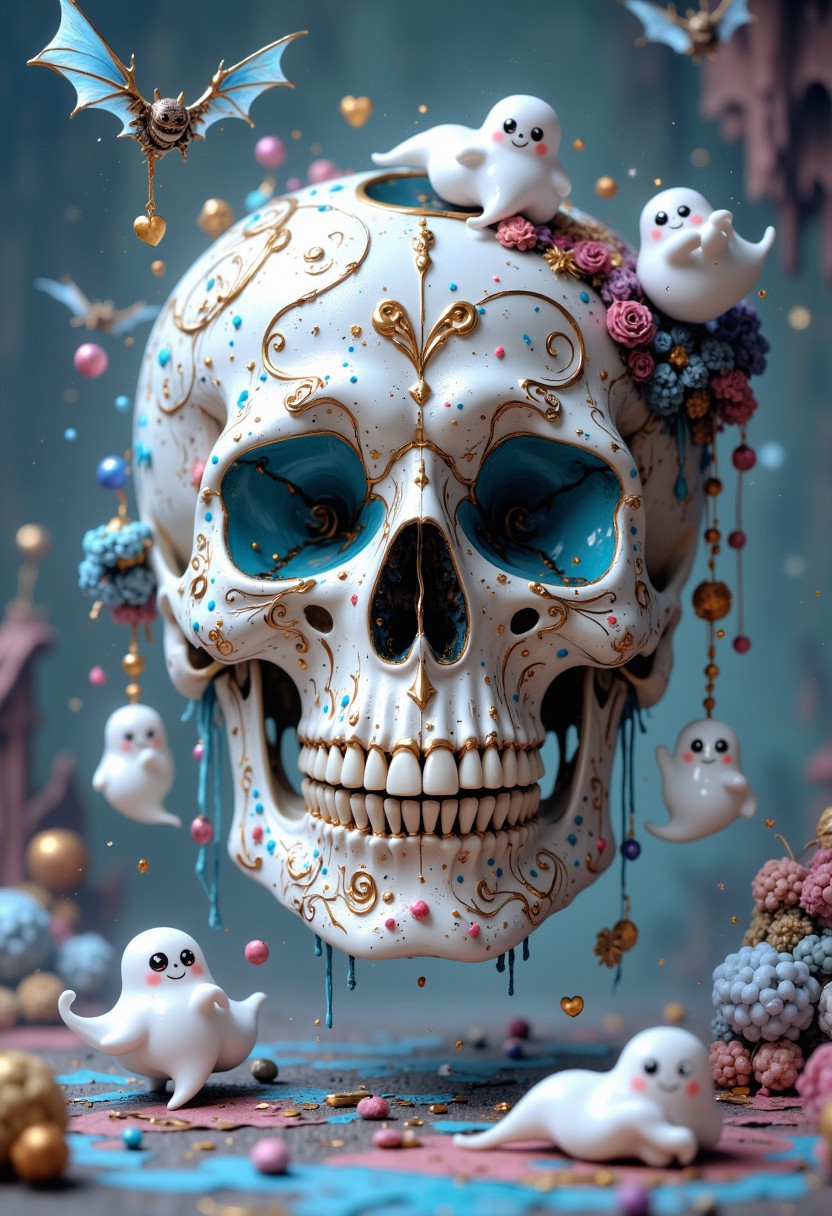 A mesmerizing dark fantasy 3D rendering of a broken human skull made of Lisbon white and blue porcelain. The skull is adorned with adorable ghostly plushie charms hanging from it, their cute little faces adding a whimsical touch to the eerie scene. The missing lower jaw still creates a chilling effect, but the gold Kintsugi repairs now feature playful, swirling heart patterns. Soft pastel colors blend with the gold accents, giving the skull a charming yet eerie look. The skull floats in a misty, pastel-colored background, where tiny, smiling bats flutter around playfully, contrasting the dark fantasy vibe with its cuteness. 3D render, vibrant, cute yet creepy