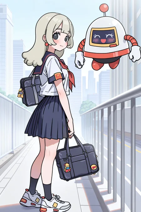 (masterpiece, best quality:1.2), amazing quality, very aesthetic, absurdres, perfect detail,
city, street, handrail, skyscraper, from side,
standing, looking back, light smile, blush, mcrobot, holding school bag,
mcsetsuko, serafuku, short sleeves, red neckerchief, sneakers,
<lora:XL_Ill_mcdo-set500-t1:0.9>