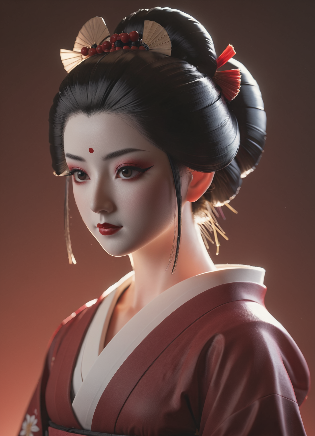 japanesian geisha beautiful image wallpaper, in the style of joel robison, light white and dark crimson, samyang af 14mm f/2. 8 rf, classical figurative realism, 500â1000 ce, sculpted, anime-influenced  <lora:sss:0.8>, subsurface scattering, Photorealistic, Hyperrealistic, analog style, realistic, film photography, soft lighting, heavy shadow, detailed skin texture, (blush:0.5), (goosebumps:0.5), subsurface scattering