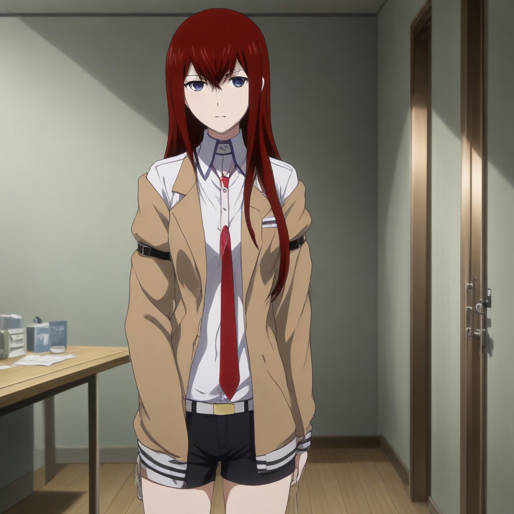 A naughty image of Makise Kurisu standing indoors leaning forward showing cleavage , lab room , partially removed white dress , red hair , jacket , shorts , full-body view
