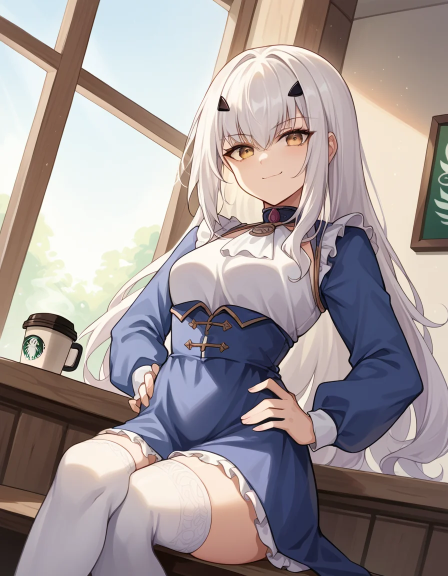 score_9, score_8_up, score_7_up, source_anime, <lora:fgo-melusine-ponyxl-lora-nochekaiser:1>, melusine, brown eyes, long hair, white hair, sidelocks,, blue dress, dress, frills, long sleeves, thighhighs, thighs, white thighhighs,, cafe, coffee cup, barista, sitting down, talking, relaxing, sunlight through window, , looking at viewer, smug, hands on hips,, solo,, cowboy shot, dutch angle