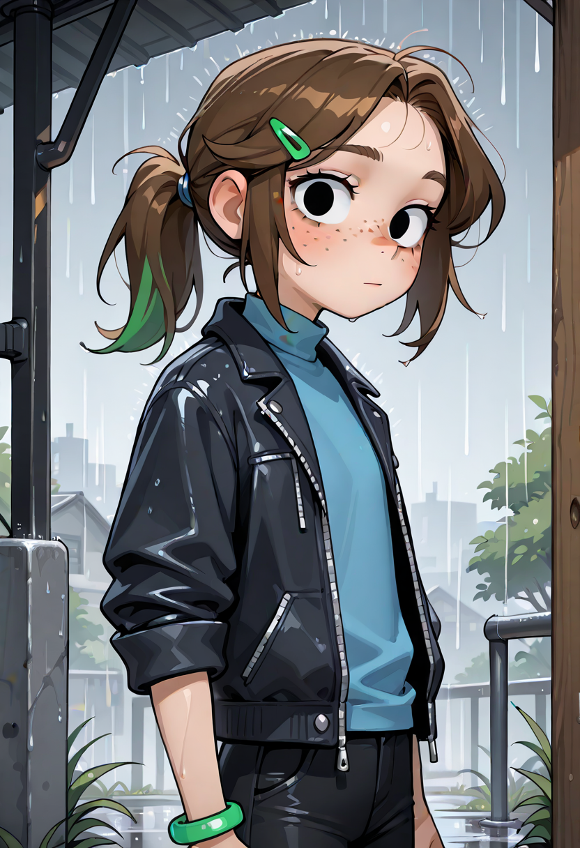 cute cartoon woman , freckles, solo, brown hair, rain, black pants, 1girl, pants, turtleneck, ponytail,charlotte,,black open jacket, <lora:Charlotte_ill_original:0.8>,blue shirt,black eyes, green shiny bracelet on left arm,flat chest,green hair clip,small girl,looking at viewer,<lora:add-detail-xl:1>,masterpiece,best quality,amazing quality,very aesthetic,absurdres,newest,huge filesize,<lora:spo_sdxl_10ep_4k-data_lora_webui:0.5>,, (portrai shot, upper body)