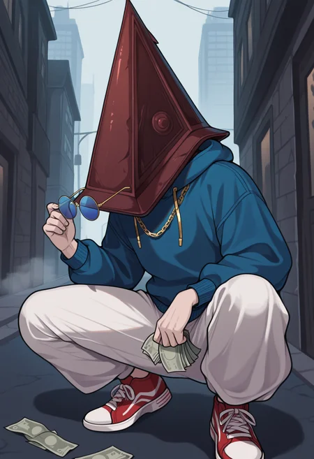 masterpiece, best quality, 1boy, solo, Pyram1dHead, helmet, blue hoodie, gold chain necklace, baggy pants, white pants, banknote, round eyewear, blue-tinted eyewear, holding removed eyewear, red sneakers, holding banknotes, squatting, outdoors, street, city, fog, <lora:ChamPyramidHeadIllustriousXL:1>