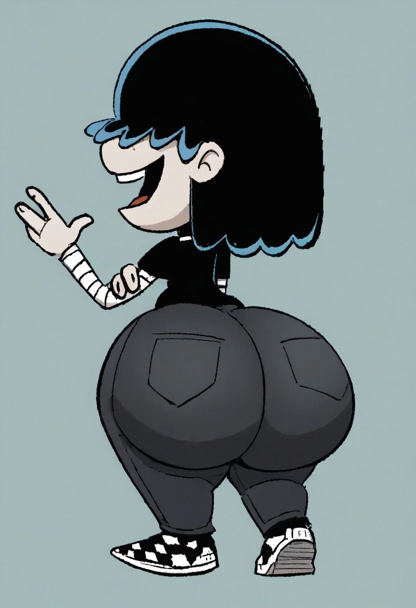 (score_9 | score_8_up | score_7_up) ((masterpiece:1))(best quality,very high quality,ultra detailed:1.2) (2D,cartoon style,anime style)(Smooth:2)(clean blurring) (four fingers on each hand,one thumb on each hand:1), Lars Loud, solo, 1boy, black hair, hair covers his eyes, pale grey skin, black shirt over a white turtleneck with black stripes, black pants, black And white checkered shoes, SB99 style, butt, mega butt, HUGE Butt, joyfull, happy, glee