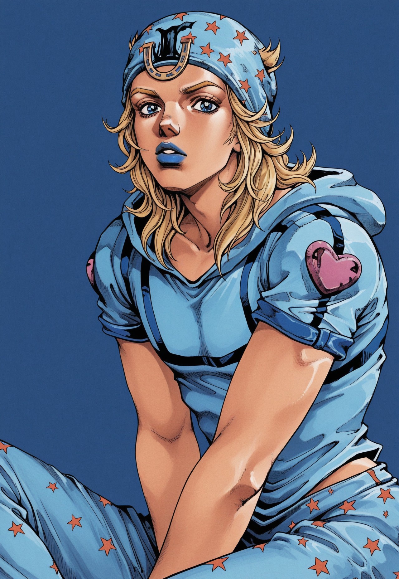 ARAKIH, hirohiko araki, painted, retro, hand-drawn, best quality, dark colors, blue coloring, heavy shadows, detailed background, 8k, 1boy, man, solo, Johnny Joestar, blonde hair, long hair, blue eyes, beanie, light blue hat, stars on hat, blue lipstick, light blue shirt, blue armbands, light blue pants, stars on pants, half body, face focus, turning to viewer, looking at viewer, sitting, dynamic pose, simple background, blue background