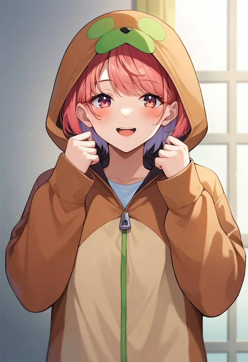 score_9, score_8, score_7, source_anime, 1girl, solo, onesie, looking at viewer, smile, blush, long sleeves, short hair, open mouth, hood up, hood