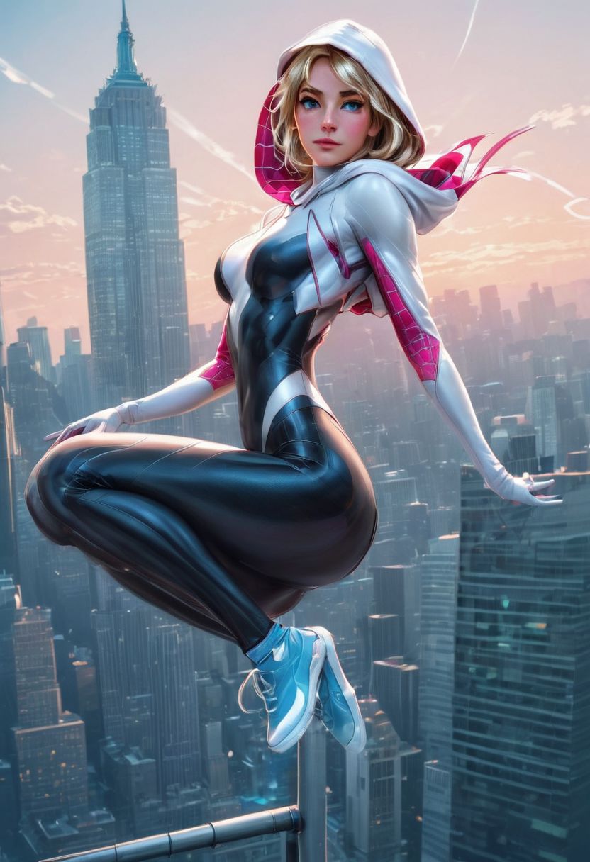 Belle, Gwen Stacy, Spidergwen, powered futuristic outfit, white and pink outfit, spider gwen costume,  white hood on shoulders, webslinger pose, gwen is enjoying webswing, style of stanley artgerm, artgerm style, blue sky as  background, Newyork city as background