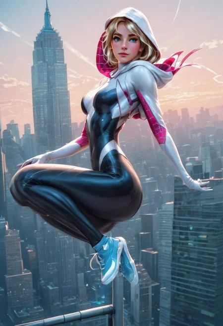 Belle, Gwen Stacy, Spidergwen, powered futuristic outfit, white and pink outfit, spider gwen costume, white hood on shoulders, webslinger pose, gwen is enjoying webswing, style of stanley artgerm, artgerm style, blue sky as background, Newyork city as background