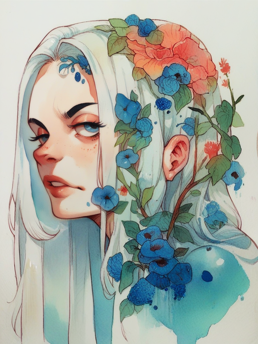 score_9, score_8_up, score_7_up, score_6_up, <lora:blu31nk:0.7> blu31nk, solo, 1girl, white hair, traditional media, watercolor, white background, white and blue, blue vines and floral,