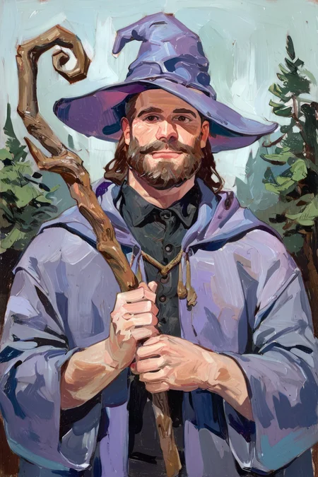 score_9, score_8_up, score_7_up, score_6_up, score_5_up, score_4_up, abstractionism, brush stroke, traditional media, 1boy, solo, male focus, mature male, wizard, long hair, brown hair, black eyes, looking at viewer, hat, facial hair, beard, mustache, staff, wizard hat, purple hat, black shirt, collared shirt, robe, purple robe, hooded cloak, holding, holding staff, upper body, closed mouth, standing, outdoors, forest, nature, tree, fog, dark background <lora:Abstract Painting - Style [LoRA] - Pony V6 XL:0.8>