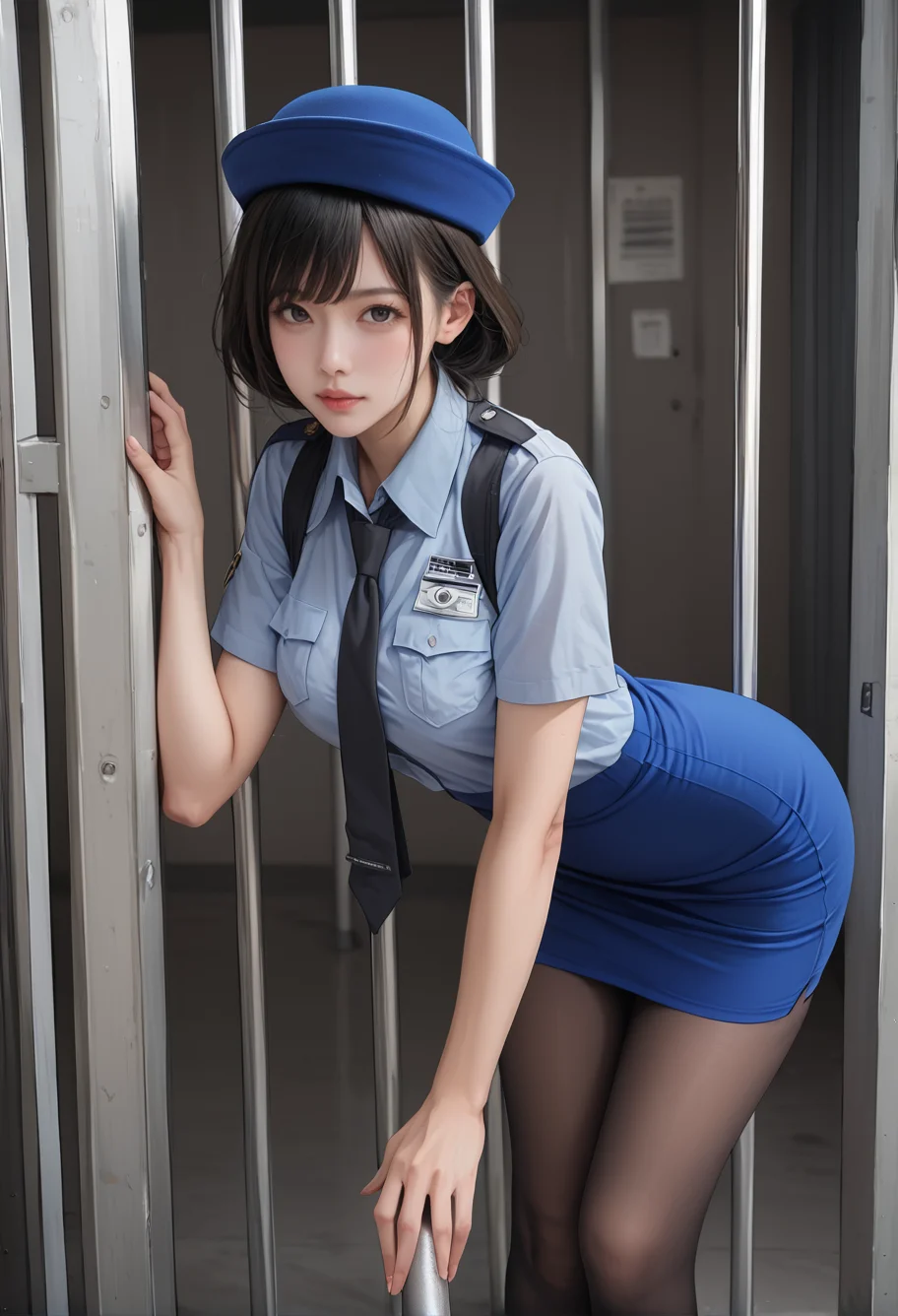 1girl,solo,bent over,,ruanyi0820,black necktie,blue hat,blue shirt,blue skirt,black pantyhose,short sleeves,pencil skirt,prison,<lora:0820 tokisaki kurumi policewoman fan costume_v1_pony:0.9>, score_9,score_8_up,score_7_up,,8k,1girl,solo,,