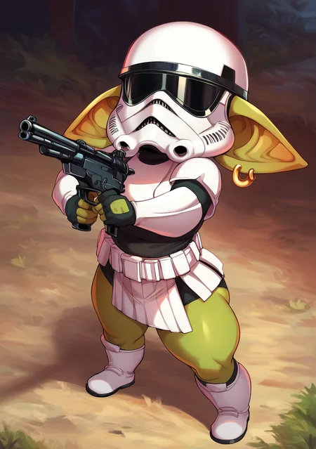 score_9, score_8_up, score_7_up, score_6_up, score_5_up, score_4_up, masterpiece, high quality, BREAK, full body, BREAK, 1girl, <lora:Storm Trooper Outfit:0.9> Stormtrooper outfit, white helmet, white outfit, white armor, gun, solider, <lora:GoblinGirl_Concept:1> GobGirl, green skin, short, long ears, large ears, colored skin, monster_girl 1girl, pointy ears, goblin, shortstack, long pointy ears, earrings, ear piercings,