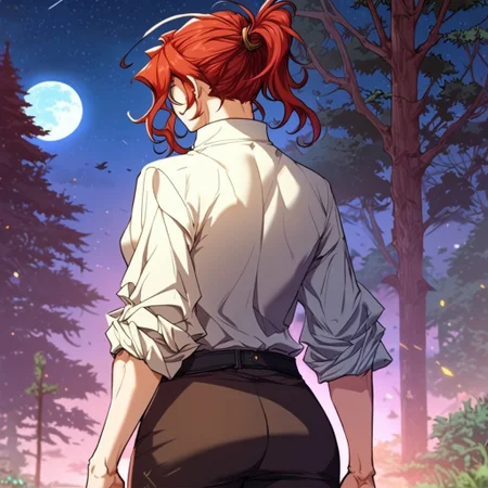 score_9, score_8_up, score_7_up, masterpiece, very high quality, Anime_source, AliciaTermina, blue eyes, red hair, medium hair, ponytail, working uniform, epiCPhoto, brown pants, white top, belt, abs, trees, dark sky, ass, moon, tight pants