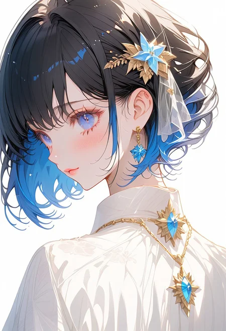 1girl, solo, ((Shion Tachibana, Perfect Face, Short hair, Black hair, Multicolored Blue hair, Expressive eyes, Blue crystal eyes)), expressive face, blushing, closed mouth, perfect body, perfect breast, tall, white skin, wedding dress, gold ornament, hair ornament, church, blue sky, cinematic lighting , cinematic angle, soft light , color detail, backlighting, Depth of field, long exposure, light steps, intricate colors, vibrant colors, negative_hand, easynegative, verybadimagenegative_v1.3,