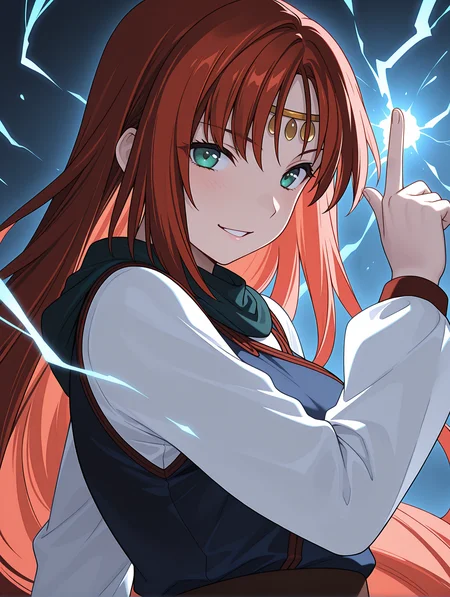 masterpiece,best quality,newest,1girl,solo,
<lora:elenoa_ilxl_v3.1:1>,elenoa,e_circlet,e_02clothes,red hair,very long hair,green eyes,long_sleeves,white sleeves,blue clothes,<lora:Fixhands_anime_bdsqlsz_V1:1>,lighting,index_finger_raised,lightning,magic,upper_body,face_focus,parted lips,light_blush,smile,cinematic_angle,dynamic_angle,looking_at_viewer,profile,
