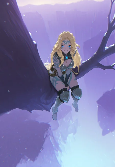 masterpiece, best quality, amazing quality, very aesthetic, absurdres, newest, 0__11Xx_illu, afkJourneyStyle,
BREAK,
1girl, solo, barbarian, athletic, blonde hair, blue tattoos, tribal tattoos, midriff, fur armor, large breasts, fur belt, multiple belts, grin, looking up at viewer, (sitting in tree:1.3), sitting on branch, dangling legs, face focus, hands between legs, high up, from above, extremely high angle, very long hair, braids, crown braid, heavy armor, metal armor, engraved armor, bright blue eyes,
BREAK, outdoors, winter, snow, fantasy background, vibrant surreal, background mountains, background, detailed background, dramatic lighting, depth of field, volumetric lighting, deep contrast, high contrast black, dramatic composition,
