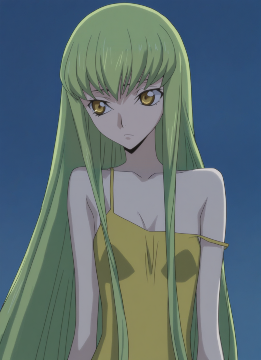 masterpiece, best quality, newest, absurdres, highres, cdgs, 1girl, Sitsu, yellow sleeveless fancy dress, yellow eyes, long green hair, night sky, detailed, <lora:Code_Geass_Style_Illustrious:1.0>
