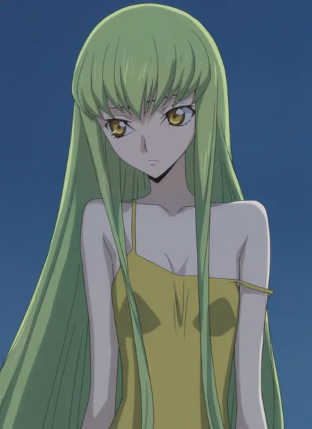 masterpiece, best quality, newest, absurdres, highres, cdgs, 1girl, Sitsu, yellow sleeveless fancy dress, yellow eyes, long green hair, night sky, detailed, <lora:Code_Geass_Style_Illustrious:1.0>