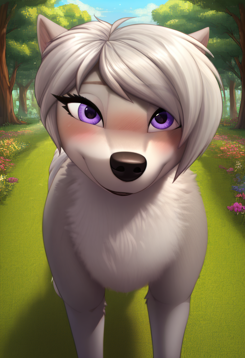 zPDXL, score_9_up, score_8_up,_7_up, score_6_up, score_5_up, score_4_up ,source_furry, best quality, amazing quality, masterpiece, 1girl, looking at viewer, solo, fullbody, cute, blush, cute smile, cute pose, out doors, forest, trees, field, flowers, lilly,  wolf girl, silver-gray fur, purple eyes, wolf tail, wolf ears,   <lora:Lilly:0.8>, whisperfoot, <lora:Whisperfoot:1>, Expressiveh, good_hands, <lora:Expressive_H:0.8>, <lora:Detail_Slider_v1.4_iteration_3:4>, <lora:pony_good_hands:0.8>
