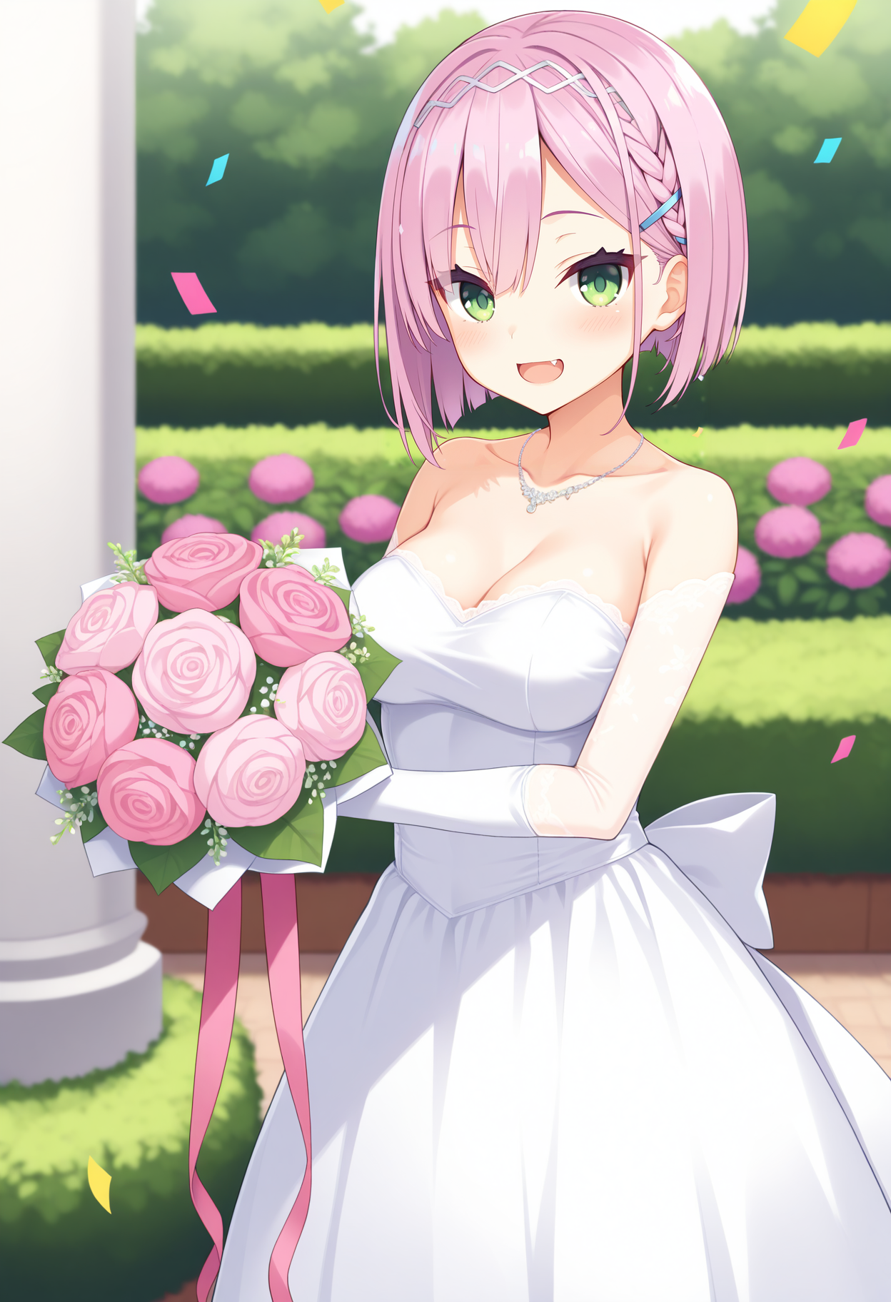 1girl, aaamane, pink hair, short hair, braid, hairband, hair ornament, hairclip, green eyes, fang, breasts, <lora:tanikaze_amane_ilxl_v1:0.9>, garden, wedding dress, necklace, smile, open mouth, bouquet, confetti, cowboy shot, standing, 
masterpiece, best quality, amazing quality,