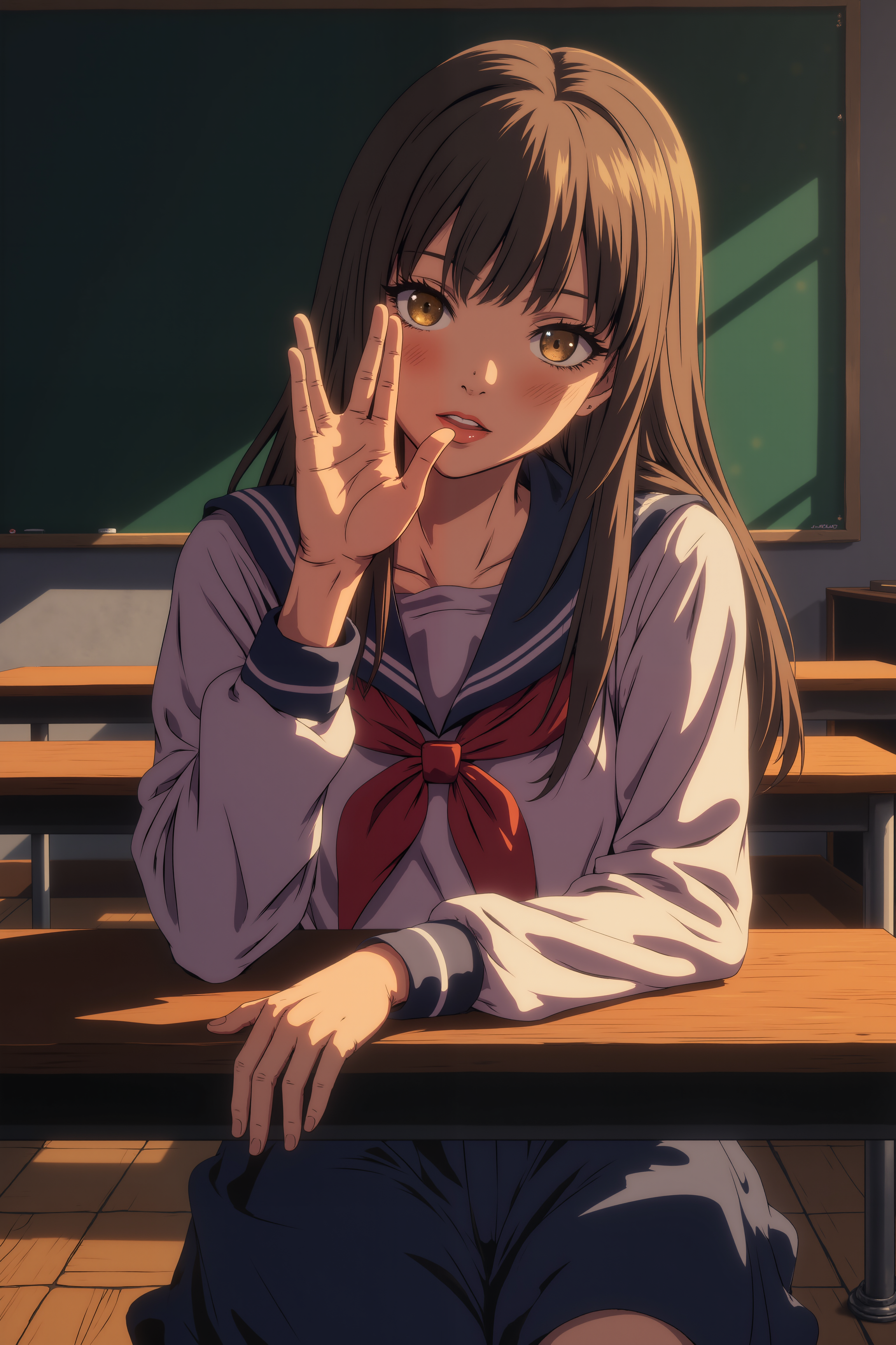 Anime schoolgirl is sitting in an empty classroom. She is giving a v-shaped vulcan salute hand gesture with fingers parted between the middle and ring finger and with extended thumb.Fantastic lighting. Detailed shadows.intricate details, vivid colors, hyper-detailed, ultra-sharp<lora:VULCANSALUTE_FLUX:1.3><lora:RetroAnimeFluxV1:0.3><lora:NeonFantasyFLUX:0.3>