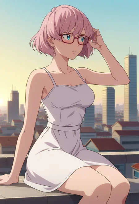 score_9, score_8_up, score_7_up, anime screencap, source_anime, 1girl, solo,
<lora:Mujina_SSSS.Dynazenon_V2:.85>, KJOmujina, short hair, pink hair, blue eyes, thick thighs,
white sundress, bare shoulders, 
expressionless, looking to the side, blush, embarrassed, glasses, adjusting hair, 
wind, rooftop, cityscape, 
(Beautiful, medium Breasts:1.2), natural breasts,