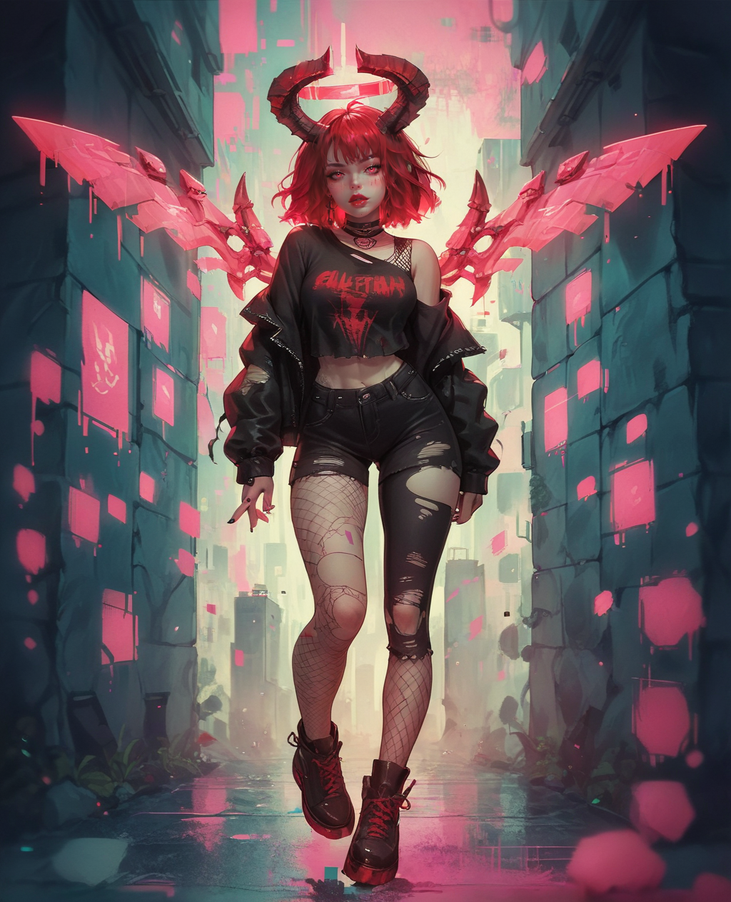 score_9. score_8_up, score_7_up, score_6_up, score_5_up, score_4_up, 1girl, red hair, curvy, gothic, g0th1cPXL, glowing, full body, city, neon, fishnets, cyberwings, (glitch:1.2), torn clothes, horns, halo, <lora:g0th1cPXL:0.75>