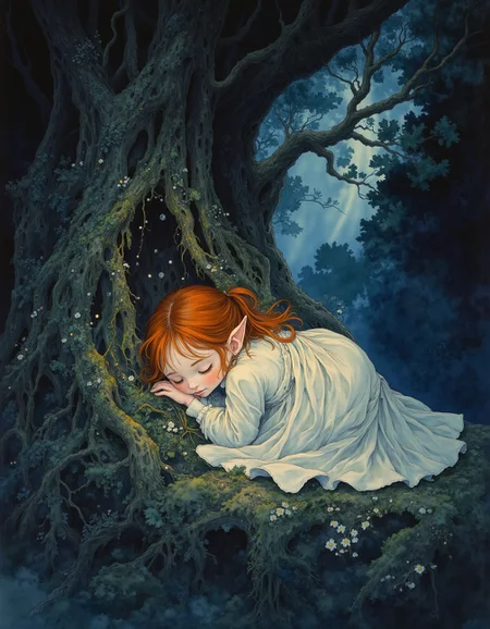 Studio Ghibli Dark Fairytale, a tender moment of a delicate elf girl at rest. The scene shows a small, vulnerable-looking elf curled up in a fetal position at the base of an ancient tree, her features soft and peaceful in slumber. Wispy red hair frames her pale gentle face, and her slight frame is tucked into itself for warmth and comfort. The tree's massive roots create a natural cradle around the sleeping figure, while dappled moonlight filters through the leaves above, casting a gentle, dreamy glow over the scene.  Elaborate details, (2/3 rule composition:0.5), ultra detailed, romantic. <lora:Dark_Ghibli:1>