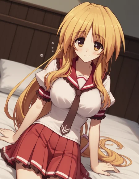 score_9, score_8_up, score_7_up, source_anime, <lora:tsumugi-toudou-s1-ponyxl-lora-nochekaiser:1>, tsumugi toudou, long hair, blonde hair, yellow eyes, bangs, sidelocks, large breasts,, school uniform, necktie, serafuku, white shirt, short sleeves, puffy sleeves, frilled sleeves, frilled sailor collar, red sailor collar, brown necktie, skirt, pleated skirt, red skirt, frilled skirt,, indoors, bed, bed room, on side, blush, drunk,, , , smile, solo,, cowboy shot, dutch angle,