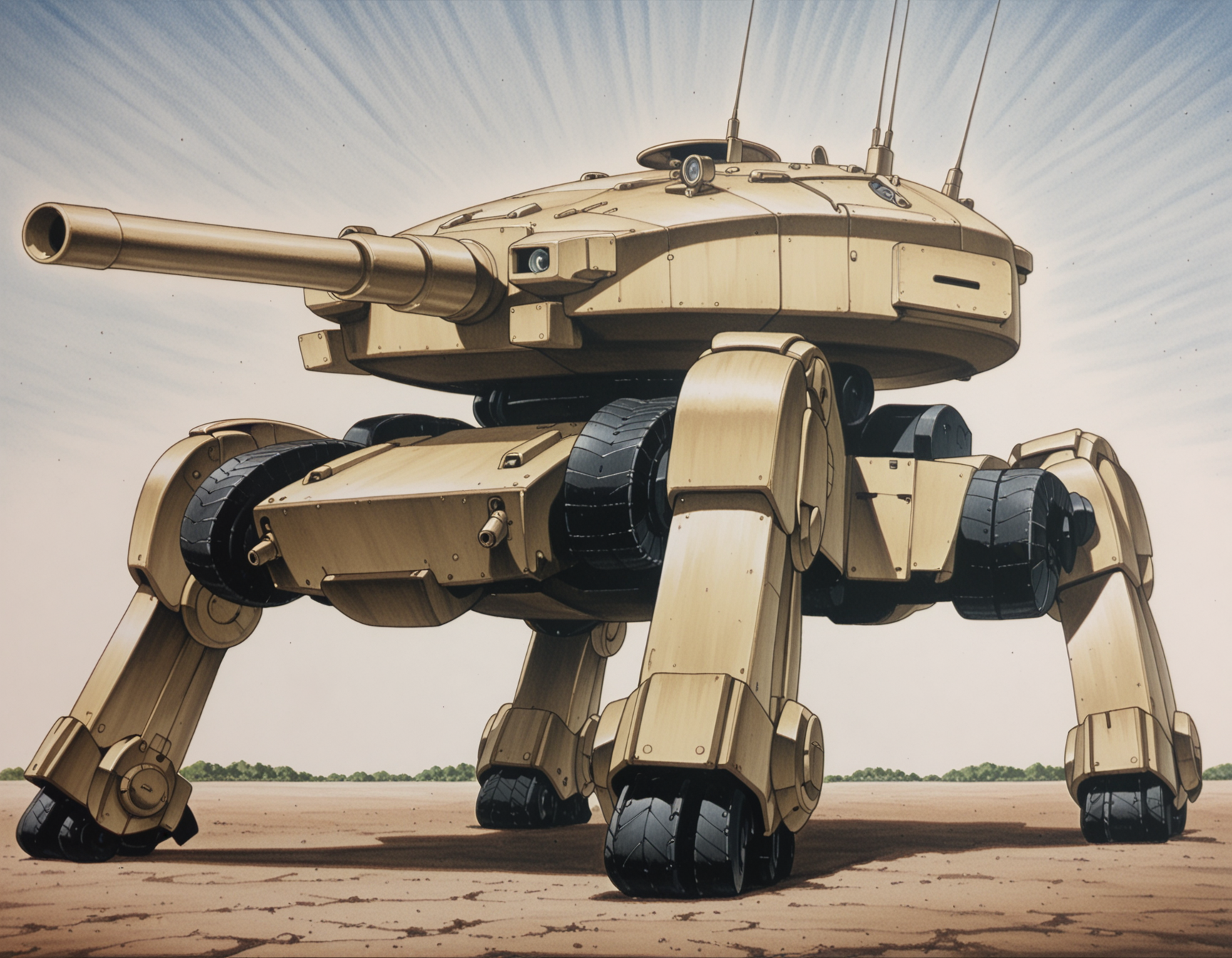traditional media, highres, masterpiece, very aesthetic,8k, high res, best quality,  no humans, tank, mecha, walker, <lora:GITS 1995 Lycoris Illustrious 0.1:0.8>