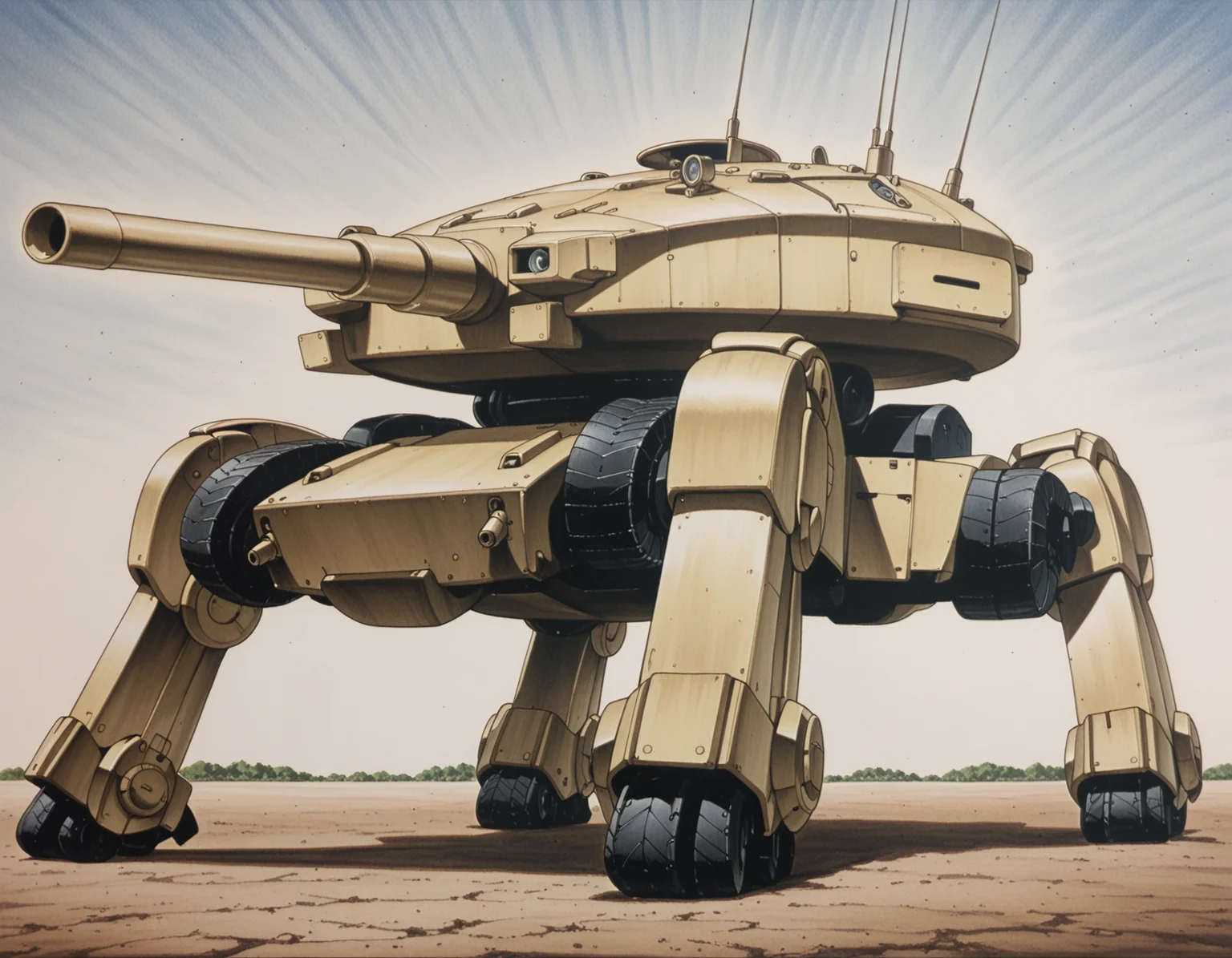 traditional media, highres, masterpiece, very aesthetic,8k, high res, best quality,  no humans, tank, mecha, walker, <lora:GITS 1995 Lycoris Illustrious 0.1:0.8>