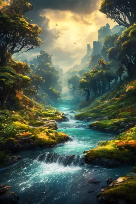 ((masterpiece)), ((best quality)), ultra-detailed, 8k, fantasy valley with a river winding through the landscape, viewed from the top of a hill, vibrant colors, high contrast, magical atmosphere, glowing particles floating in the air, butterflies, exotic birds, artistic composition, deers, owls, foxes, horses, mice, and other mammals gathering on the hill, lush greenery, dynamic lighting, cinematic view, mystical, enchanted environment, fantasy-style landscape, dramatic sky, ethereal glow.
fantri, easynegative, OverallDetail