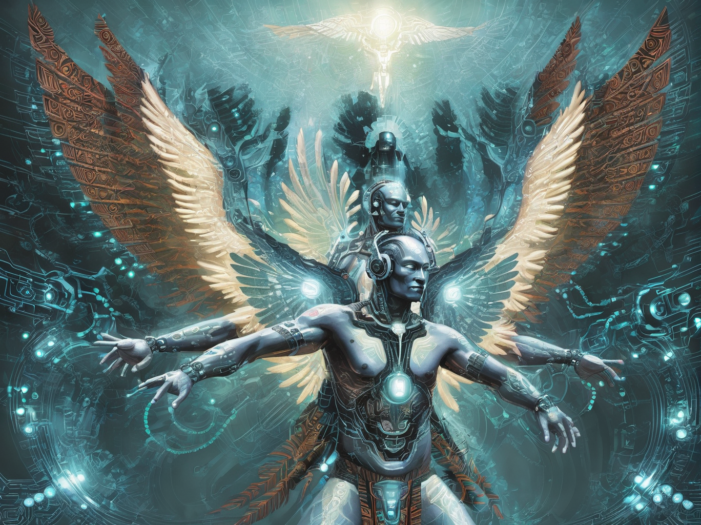 <lora:ge0g1yph1ks:0.75>ge0g1yph1ks tribal cybernetic man spreads wings