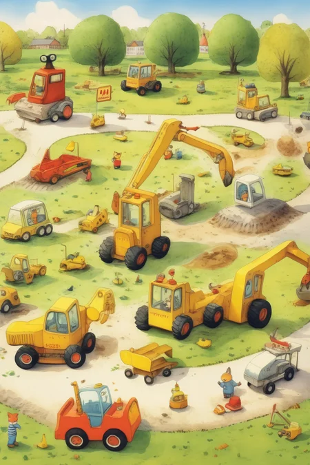 <lora:Richard Scarry Style:1>Richard Scarry Style - an open field where a park will one day be built with an escavator, a bulldozer, a crane, and a cement mixer. The vehicles are all look at the empty park. Inspired