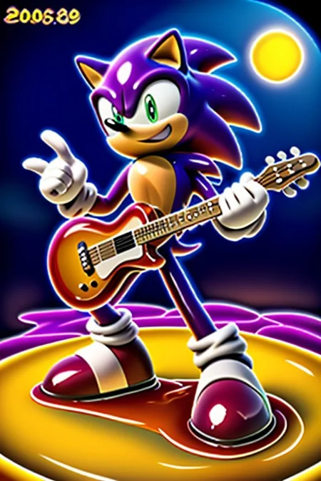 Create a vibrant, high-energy scene featuring Sonic the Hedgehog playing a guitar. Sonic is posing in a dynamic, rockstar stance, with his iconic red shoes and white gloves contrasting against the colorful, gooey slime.
The guitar is covered in a thick, translucent layer of slime-morph that's dripping and oozing down the instrument's body. The slime is a bright, electric green and is adorned with colorful, swirling patterns that match Sonic's energetic personality.
The scene is set against a bright, sunny background with a hint of a cityscape or a futuristic landscape. The atmosphere is lively and energetic, with bold, dynamic lines and vibrant colors that match Sonic's speed and personality.
The image should have a stylized, cartoonish feel with bold lines, vibrant colors, and a sense of dynamic movement. Sonic and the slime guitar should be depicted in a fun, exaggerated manner, with a focus on conveying energy, excitement, and rockstar attitude.