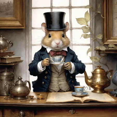 <lora:add-detail-xl:1.8> art by (jean-baptiste monge:1.8), dapper hamster with suit and top hat holding a cup of tea, victorian era, colored pencil drawing, masterpiece, best quality