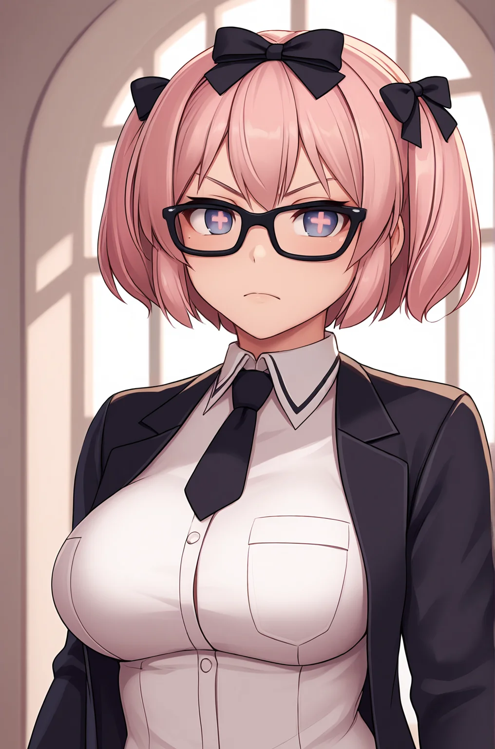 anime artwork, score_9, score_8_up, score_7_up, source_anime, BREAK, thick outline, fat outline,
Hibari_XL, purple eyes, cross-shaped pupils, pink short hair, short twintails, black hair bows, large breasts, BREAK, black glasses, black jacket, black tie, BREAK, serious expression, corridor, upper body, closeup, sideview,
<lora:Hibari_XL_r1:0.7>
<lora:PersonalAmi_PonyXL:1.0>