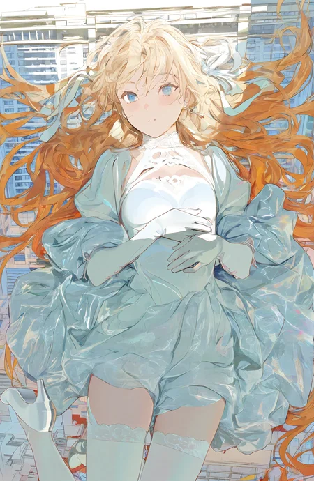 1girl, solo, long_hair, looking_at_viewer, blonde_hair, gloves, dress, thighhighs, full_body, lying, white_gloves, on_back, white_dress, white_thighhighs, high_heels, white_footwear, building, white_ribbon