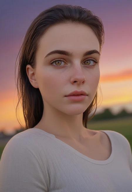30yo american woman in a wheat field
Small eyes. Brown eyes.
Wearing white tank top. no makeup. Clear skin.  realistic skin style
Long dark black slick back hair. No makeup. Dusk, Street light. Looking at camera POV. Slight smile, tilting head.. Tilt head. Hands in head, face, lips.
Medium Close Up shot. Bokeh. Heavy Bokeh light. Dawn. yellow, red, purple orange. sky.