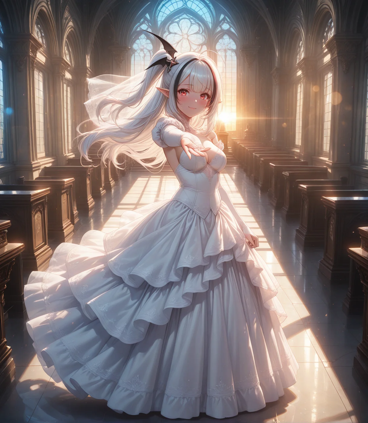masterpiece, best quality, anime, BREAK 1girl, solo, full body,looking at viewer, sunrise,light smile,happy tears, reaching towards viewer,blue light,
european architecture, church,altar,floating hair, indoors, ,wedding dress, wedding ring, bridal gauntlets, bridal veil, layered dress, <lora:RealisticAnimeIXL:0.5> bokeh, luminescent background, <lora:Dramatic Lighting Slider:5> <lora:AL-Sevastopol-ILXL-V1:0.8> svtplbase,red eyes,streaked hair, white hair, long hair, one side up, hair ornament, pointy ears, bat hair ornament,slender,medium breasts,
