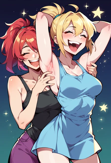 Score_9, score_8_up, score_7_up, uncensored, BREAK
2girls, armpits, armp1tt1ckl3, <lora:armp1tt1ckl3_v12-000009:0.8>, laughing,
