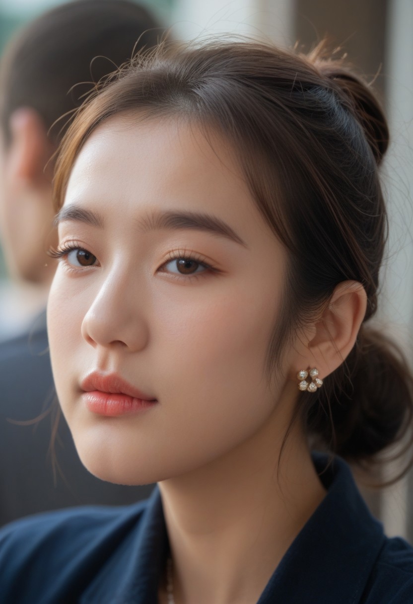 score_9, score_8_up, score_7_up, ladyburns, sideburns, 1girl, solo, jewelry, earrings, blurry, brown hair, asian,