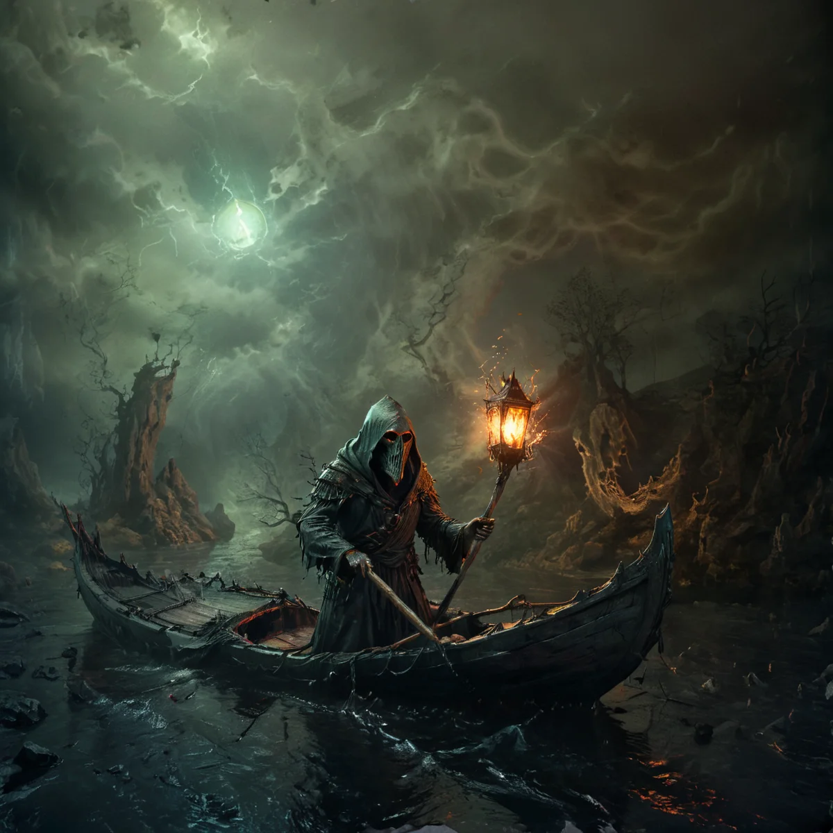 Gloomy Charon with an oar sails in a boat through the dark river Styx, long robe, hood, night, a lantern on Charon's oar lights the way, gloomy bloody highlights, rocky dark shores, stormy sky, gloomy horror, streaks of light, surreal, dreamy, ghosting effect, octane render, cinema 4d, ultra detailed, masterpiece, concept art, trending on artstation, high detail, dramatic, GLOWNEON, GLOWING, SPARKS
<lora:xl_more_art-full_v1:1>
<lora:glowneon_xl_v1:0.4>