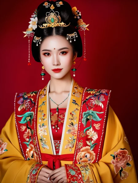 breathtaking A beautiful queen in gorgeous yellow xiapi is standing in front of a red wall,powerful,beautiful face, big eyes,embroidered wide sleeve,full body <lora:szhf:0.6> . award-winning, professional, highly detailed