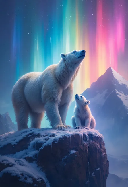 A closeup of a majestic Polar bear and it's cub standing on top of a snowy cliff looking up at the the rainbow aurora in the sky, the polar bear and the cub are rim lit by colorful glows, a great majestic mountain in the background, epic, dramatic, cinematic, surreal, Vibrant Glow